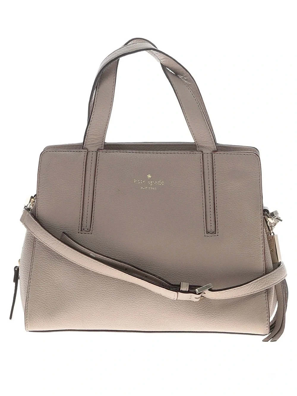kate spade gray taupe leather satchel with tassel crossbody strap & tassel